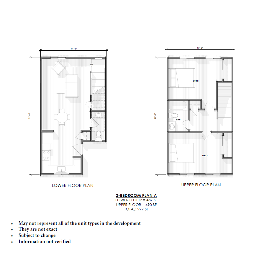 Floor plan for 2 beds, 1 bath, 977 sqft